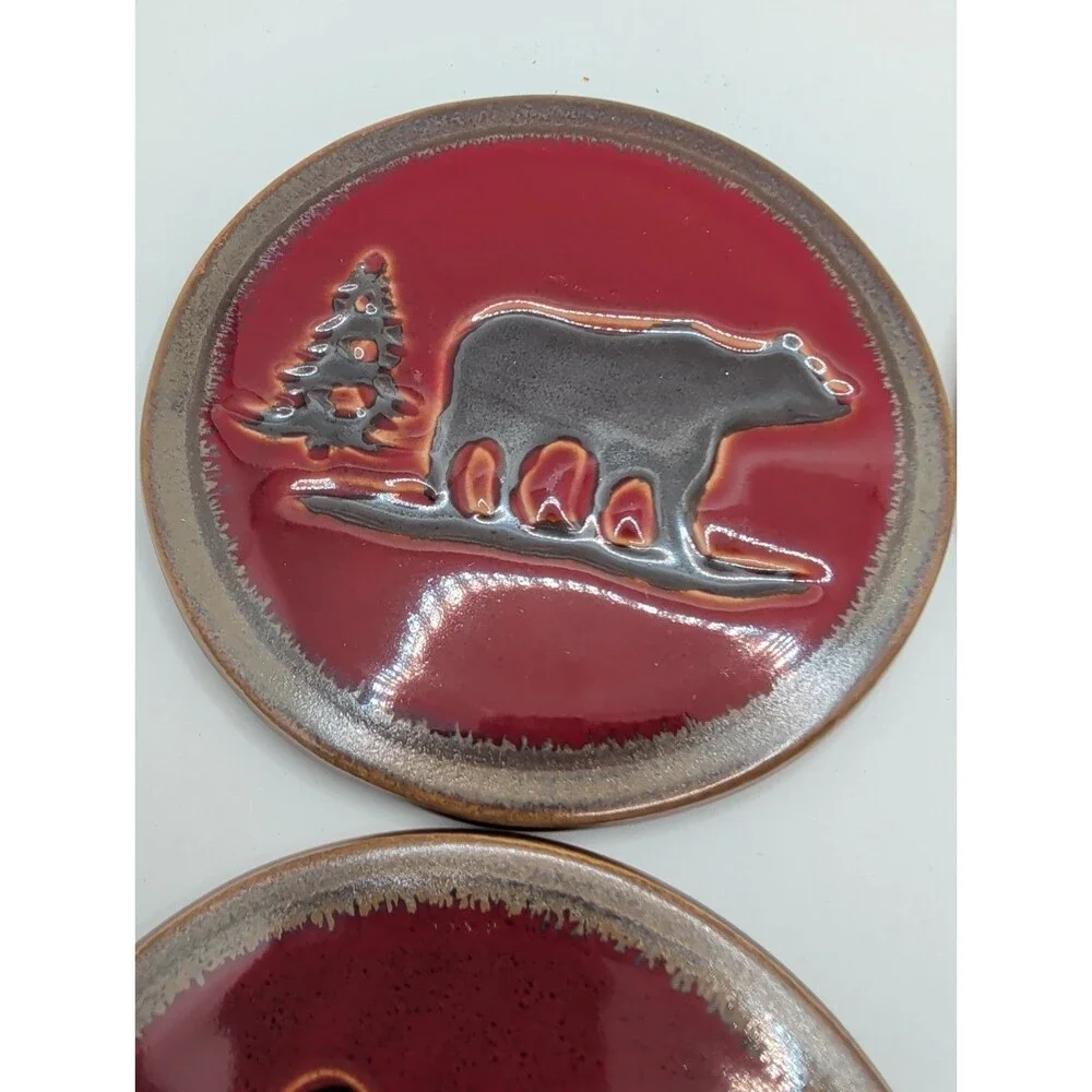 Home Studios Woodland Collection 4 Stoneware Coasters Bear Moose Canoe Pine Tree